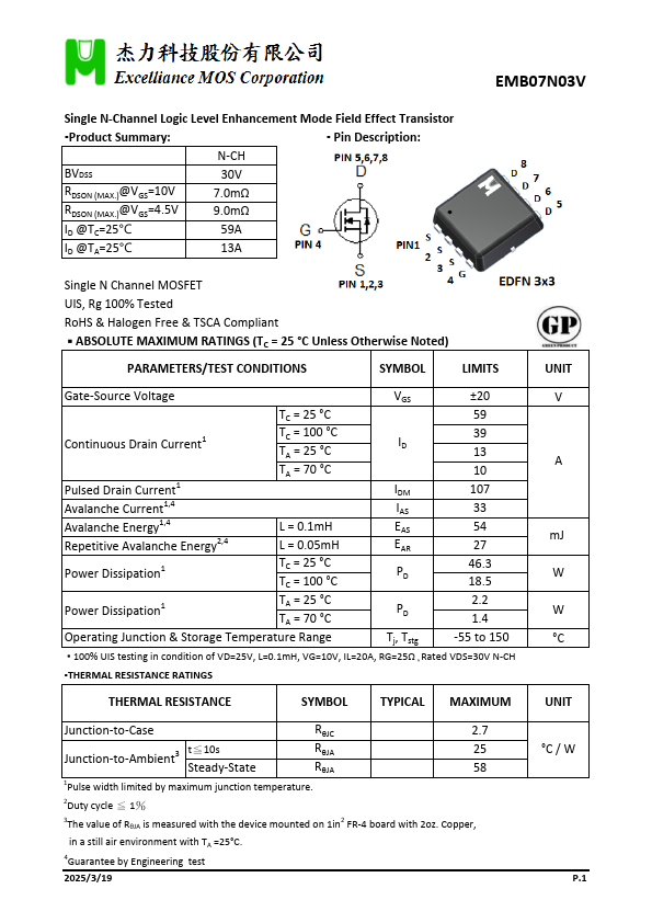 EMB07N03V N-Channel Logic Level Enhancement Mode Field Effect Transistor by Excelliance MOS - Datasheet Preview