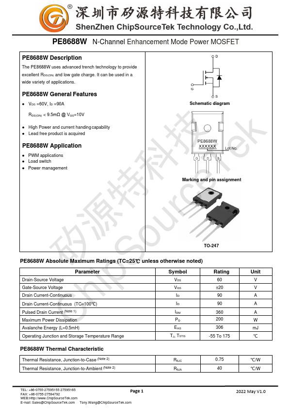 PE8688W N-Channel Enhancement Mode Power MOSFET by ChipSourceTek - Datasheet Preview