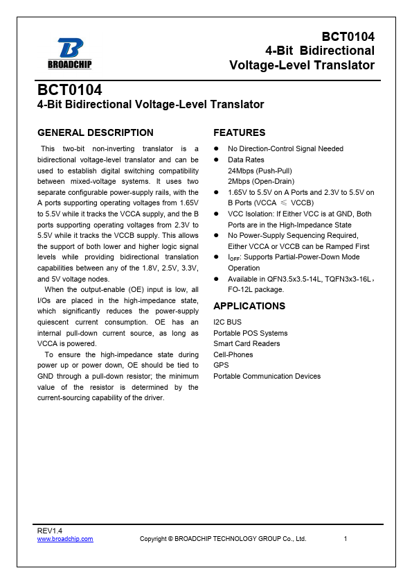 BCT0104 4-Bit Bidirectional Voltage-Level Translator by BROADCHIP - Datasheet Preview