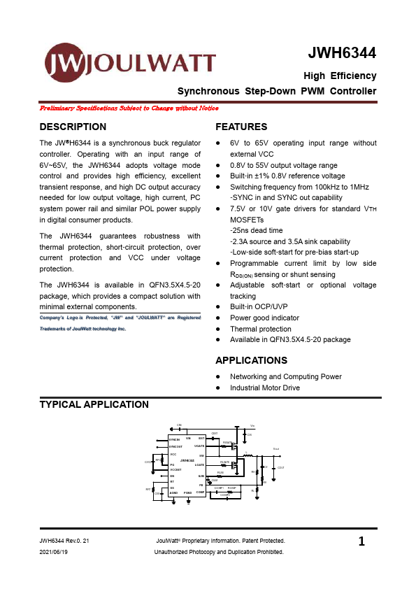 JWH6344 High Efficiency Synchronous Step-Down PWM Controller by JoulWatt - Datasheet Preview