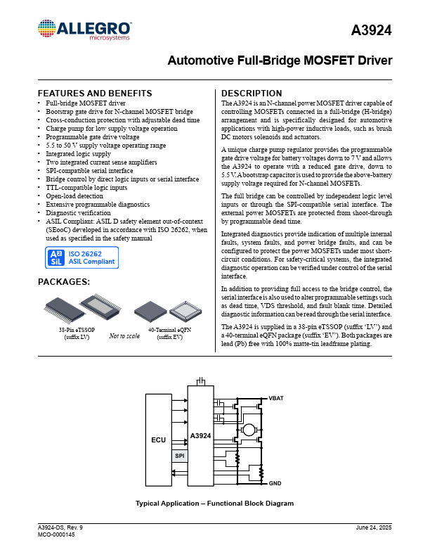 A3924 Automotive Full-Bridge MOSFET Driver by Allegro - Datasheet Preview