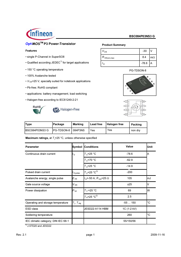 BSC084P03NS3 Datasheet Preview