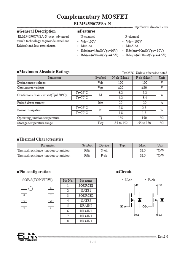 ELM54590CWSA-N Complementary MOSFET by ELM - Datasheet Preview