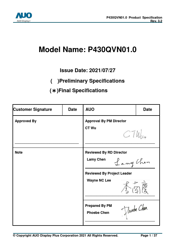 P430QVN01.0 Datasheet Preview