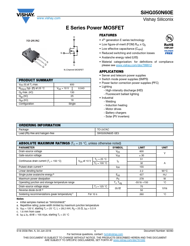 SiHG050N60E Datasheet Preview