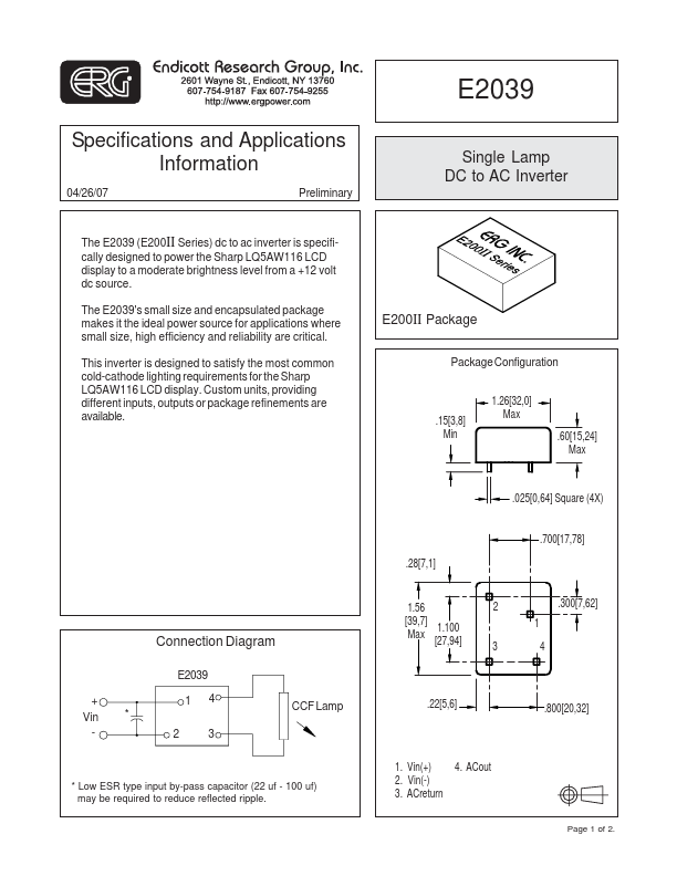 E2039 Single Lamp DC to AC Inverter by ERG - Datasheet Preview