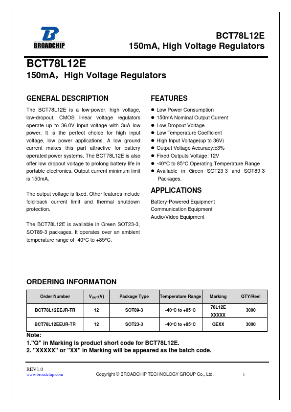 BCT78L12E 150mA High Voltage Regulators by BROADCHIP - Datasheet Preview