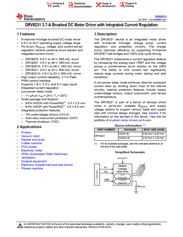 DRV8231 3.7-A Brushed DC Motor Driver by Texas Instruments - Datasheet Preview