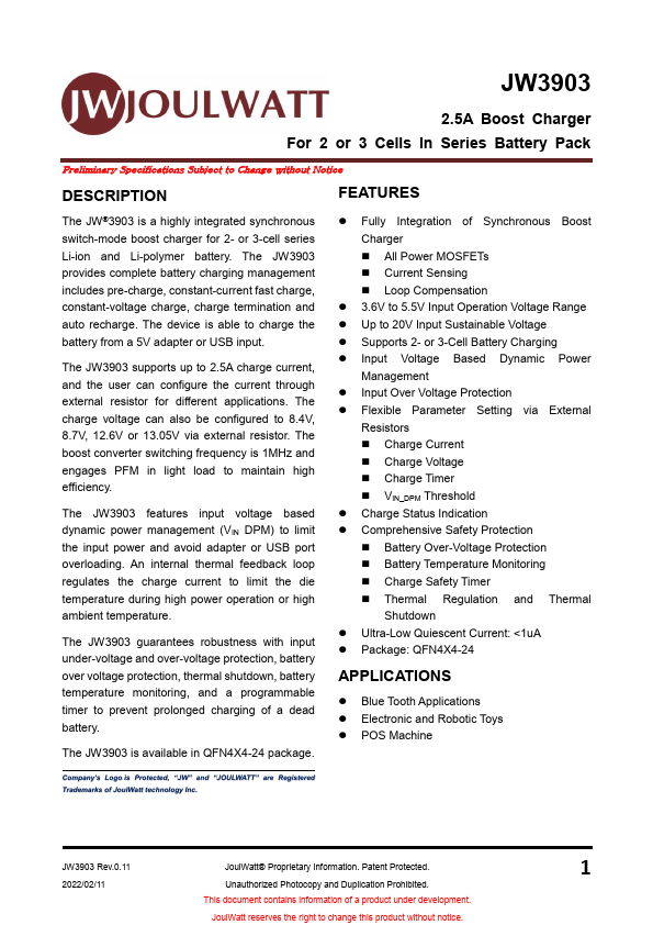 JW3903 2.5A Boost Charger by JoulWatt - Datasheet Preview