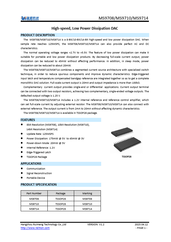 MS9708 High-speed Low Power Dissipation DAC by Ruimeng - Datasheet Preview