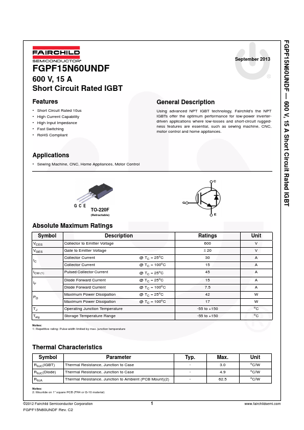 FGPF15N60UNDF