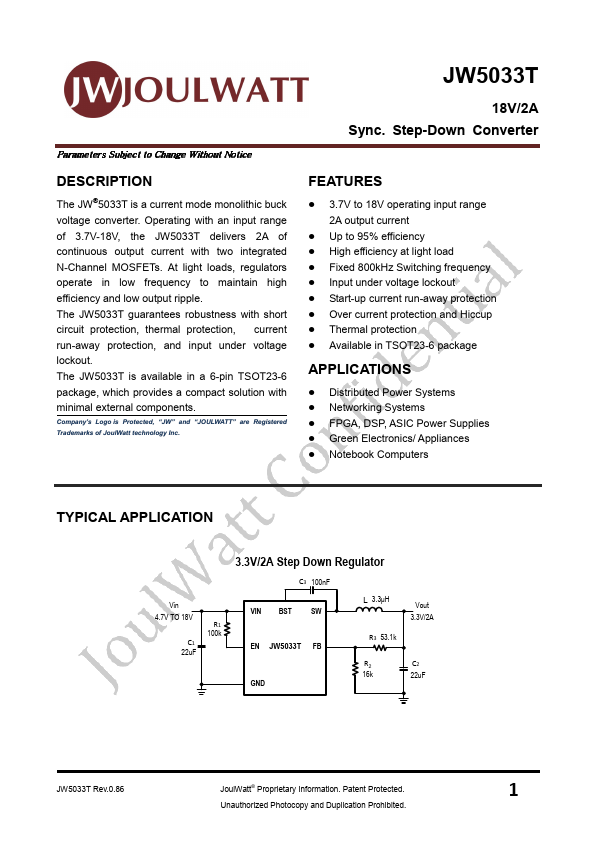 JW5033T 18V/2A Sync. Step-Down Converter by JoulWatt - Datasheet Preview