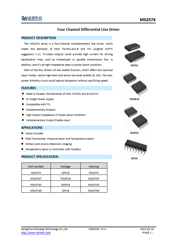 MS2374 Four Channel Differential Line Driver by Ruimeng - Datasheet Preview