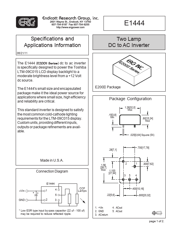 E1444 Two Lamp DC to AC Inverter by ERG - Datasheet Preview