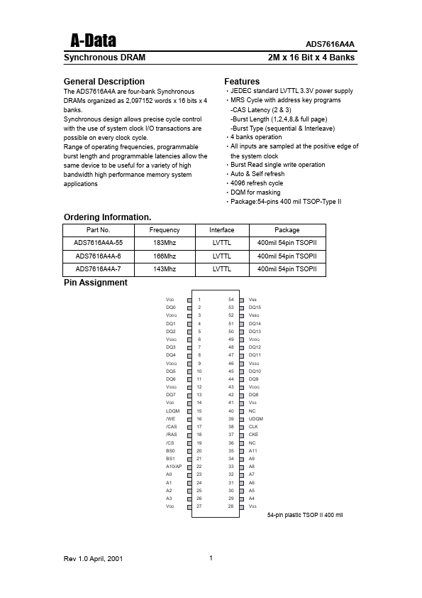 ADS7616A4A Synchronous DRAM by A-Data Technology - Datasheet Preview