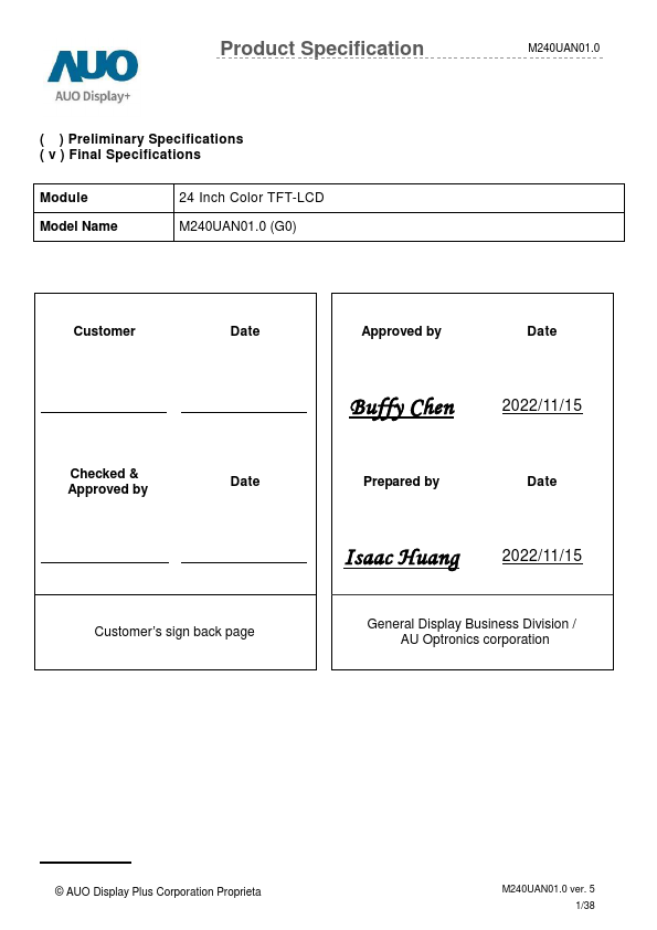 M240UAN01.0 Datasheet Preview