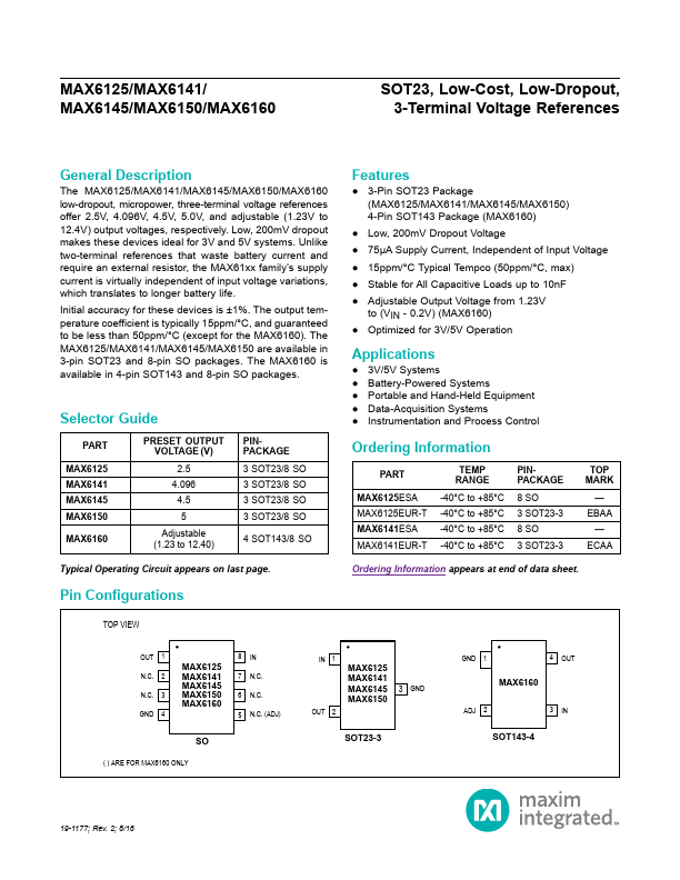MAX6160 3-Terminal Voltage References by Maxim Integrated - Datasheet Preview