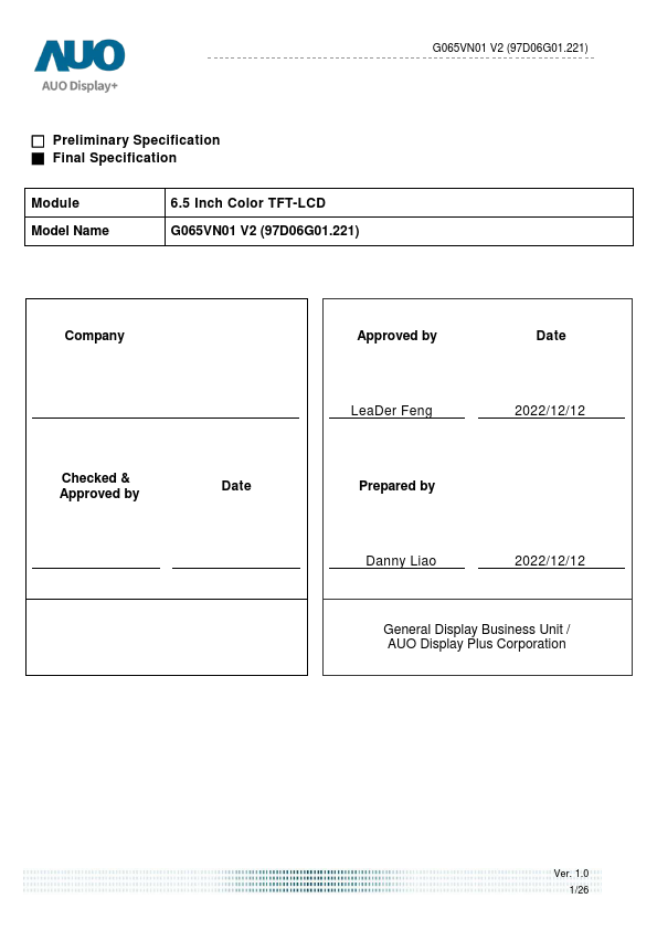 G065VN01-V2 Datasheet Preview