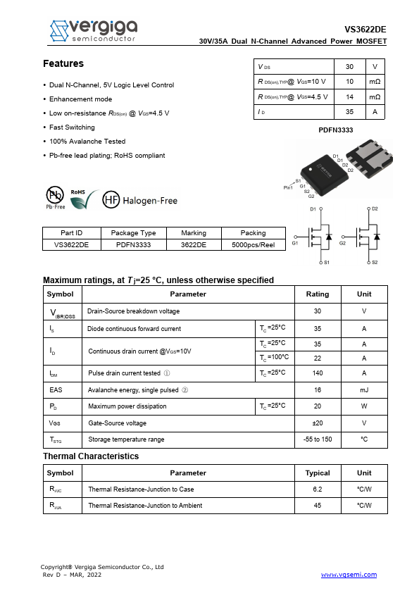 VS3622DE 30V/35A Dual N-Channel Advanced Power MOSFET by Vanguard Semiconductor - Datasheet Preview