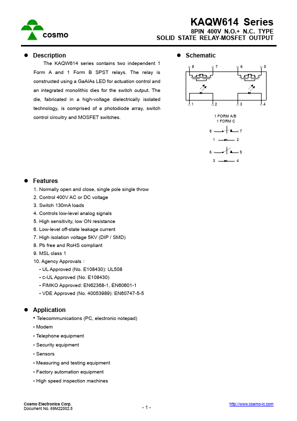 KAQW614A SOLID STATE RELAY by Cosmo - Datasheet Preview
