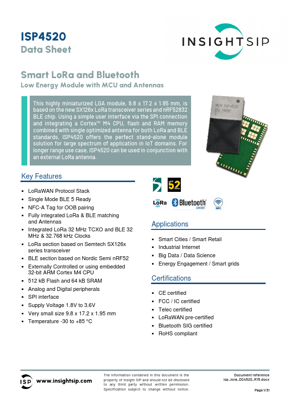 ISP4520 Smart LoRa and Bluetooth Low Energy Module by Insight SiP - Datasheet Preview