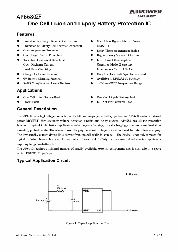 AP6680ZF One Cell Li-ion and Li-poly Battery Protection IC by ALLPOWER - Datasheet Preview