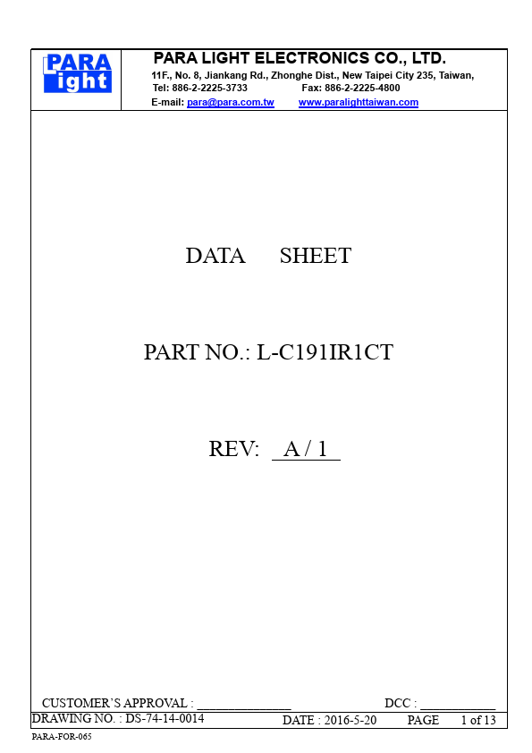L-C191IR1CT SURFACE MOUNT DEVICE LED by Para Light Electronics - Datasheet Preview