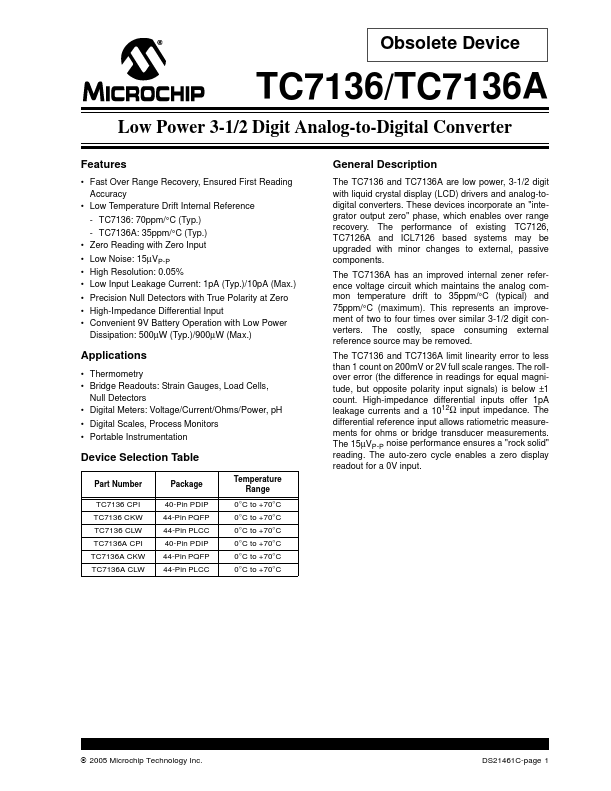 TC7136 Low Power 3-1/2 Digit Analog-to-Digital Converter by Microchip - Datasheet Preview