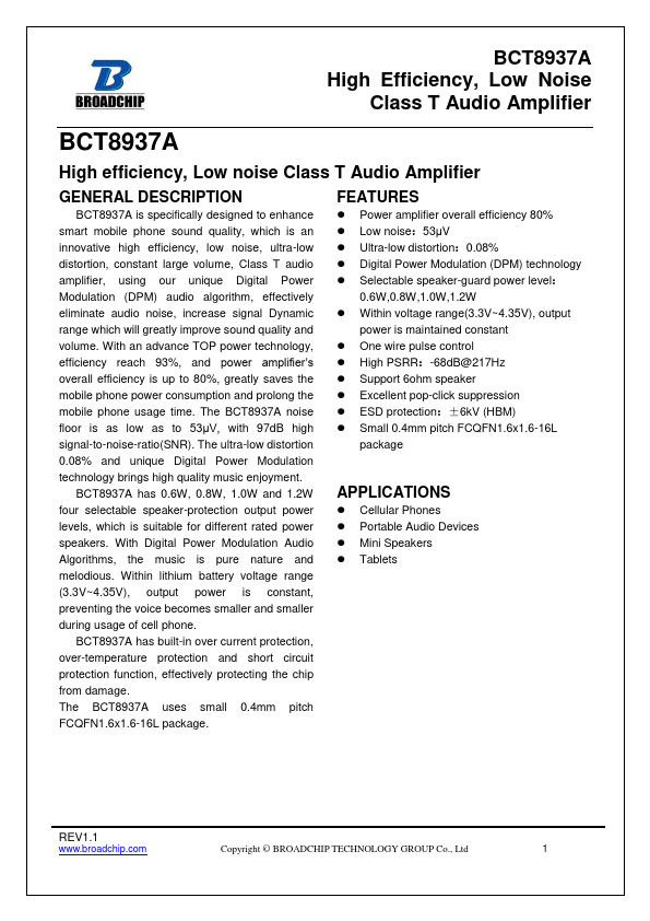 BCT8937A Low Noise Class T Audio Amplifier by BROADCHIP - Datasheet Preview