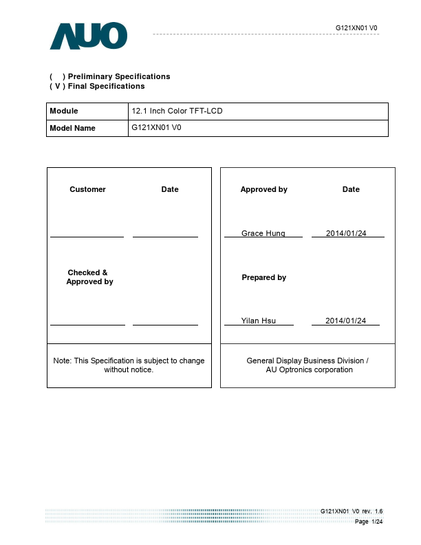 G121XN01-V0 Datasheet Preview