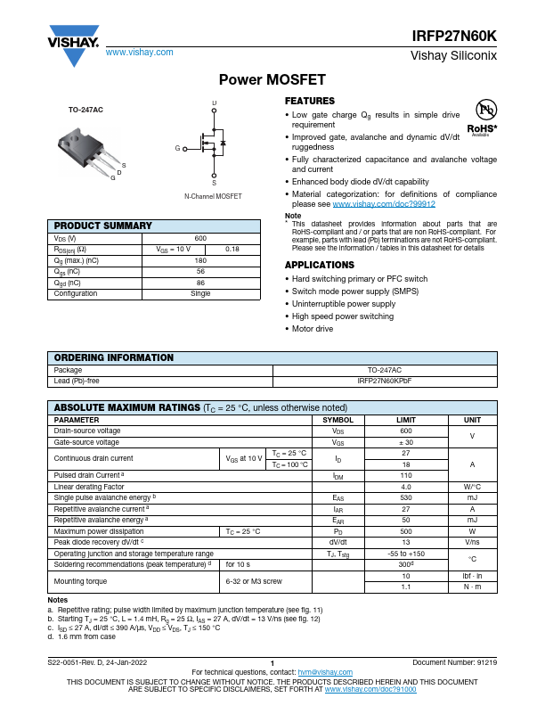 IRFP27N60K Datasheet Preview