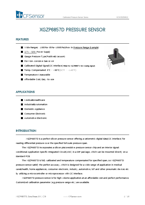 XGZP6857D Calibrated Pressure Sensor by CFSensor - Datasheet Preview