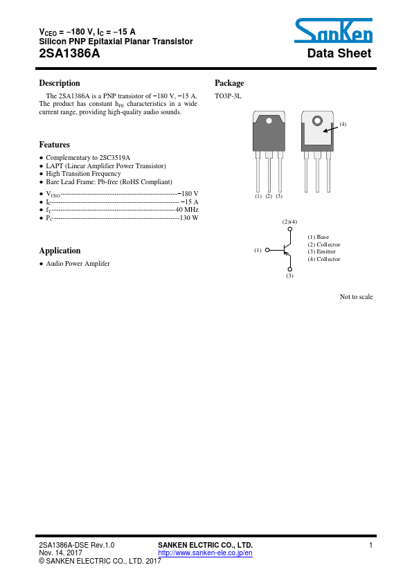 2SA1386A datasheet, transistor equivalent, Sanken electric