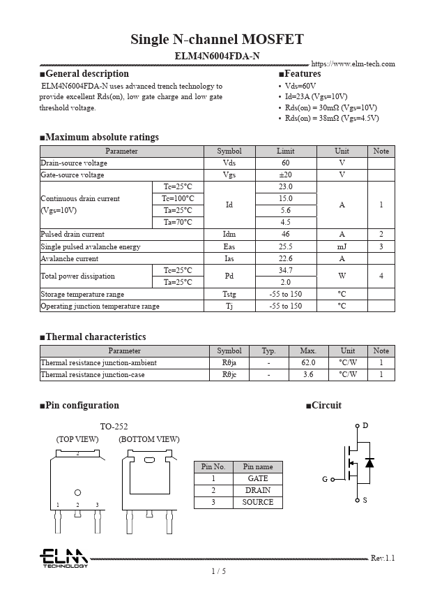 ELM4N6004FDA-N Single N-channel MOSFET by ELM - Datasheet Preview
