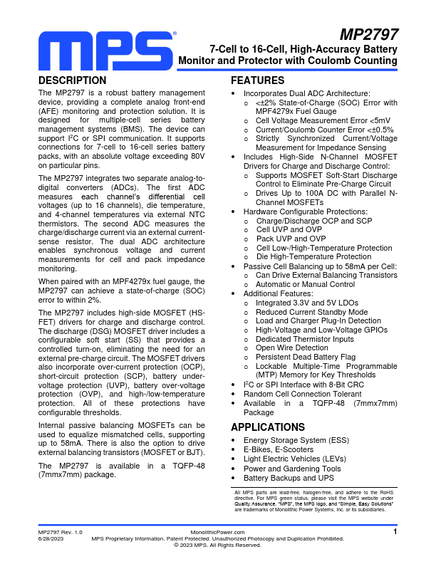 MP2797 High-Accuracy Battery Monitor and Protector by MPS - Datasheet Preview