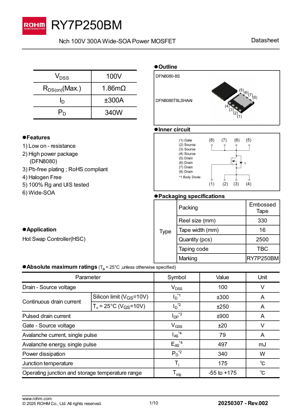 RY7P250BM Nch 100V 300A Wide-SOA Power MOSFET by ROHM - Datasheet Preview