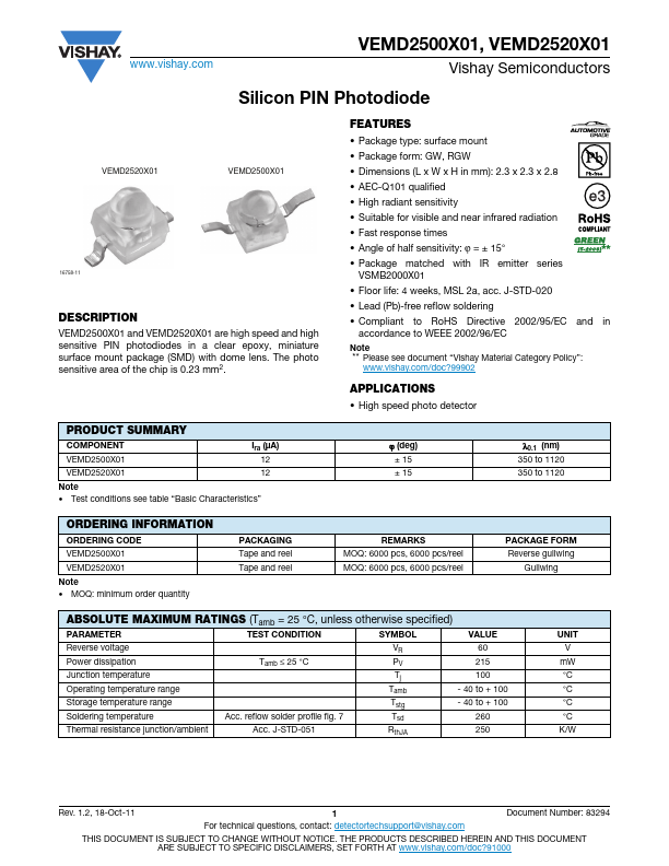 VEMD2520X01 Datasheet Preview