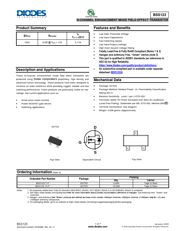 BSS123 N-CHANNEL ENHANCEMENT MODE FIELD EFFECT TRANSISTOR by DIODES - Datasheet Preview
