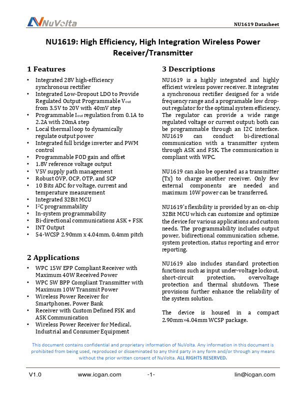 NU1619 High Integration Wireless Power Receiver/Transmitter by Nuvolta - Datasheet Preview