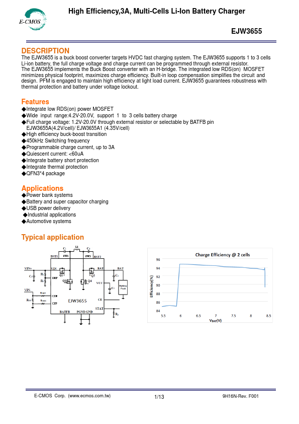 EJW3655 High Efficiency 3A Multi-Cells Li-Ion Battery Charger by E-CMOS - Datasheet Preview