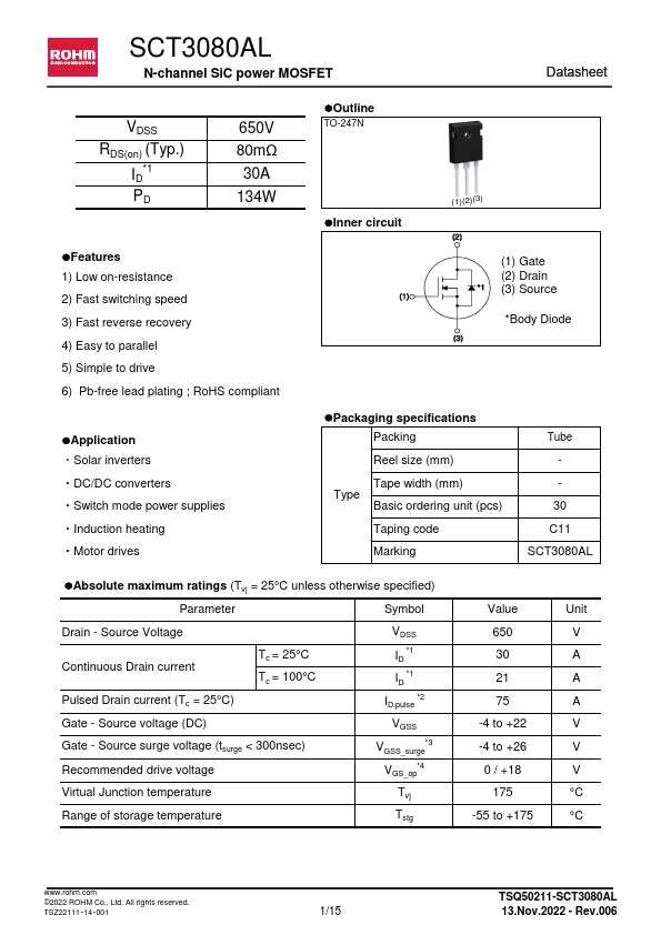 SCT3080AL N-channel SiC power MOSFET by ROHM - Datasheet Preview