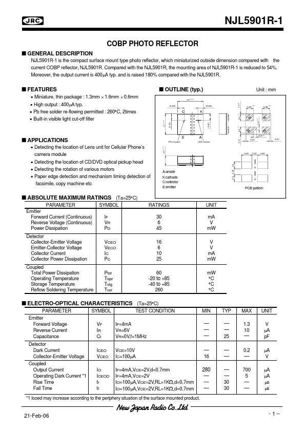 NJL5901R-1 COBP PHOTO REFLECTOR by New Japan Radio - Datasheet Preview