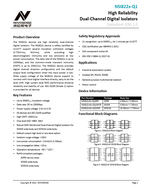 NSI8221-Q1 High Reliability Dual-Channel Digital Isolators by NOVOSENSE - Datasheet Preview