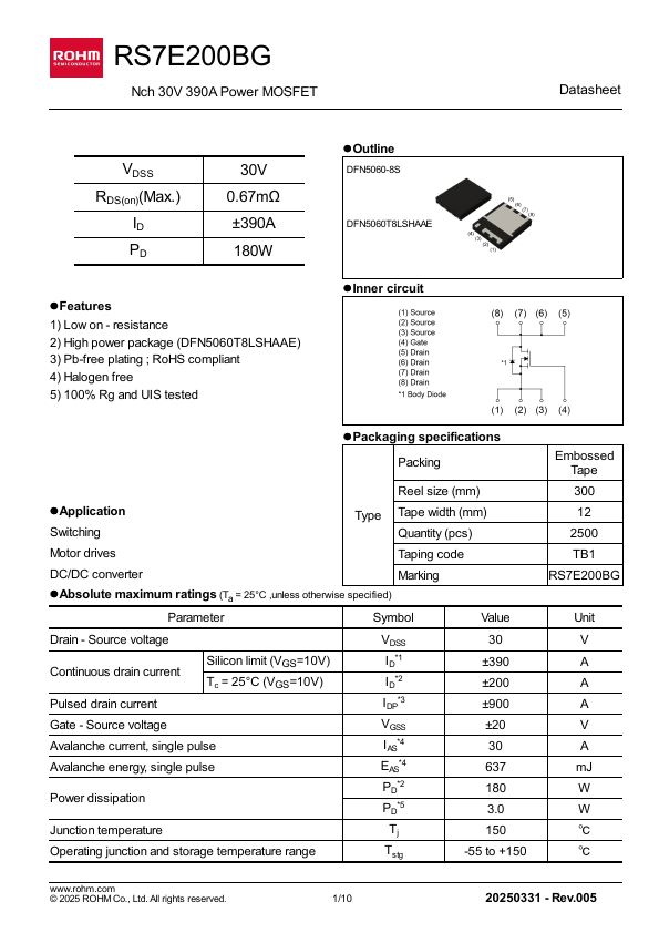 RS7E200BG Nch 30V 390A Power MOSFET by ROHM - Datasheet Preview