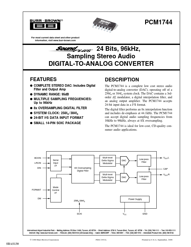 PCM1744 24-Bit Stereo Audio DIGITAL-TO-ANALOG CONVERTER by Burr-Brown - Datasheet Preview