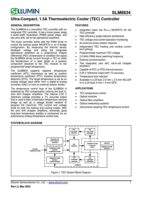 SLM8834 1.5A Thermoelectric Cooler Controller by Sillumin - Datasheet Preview