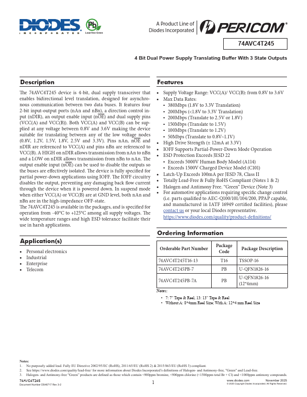 74AVC4T245 4-Bit Dual Power Supply Translating Buffer by DIODES - Datasheet Preview