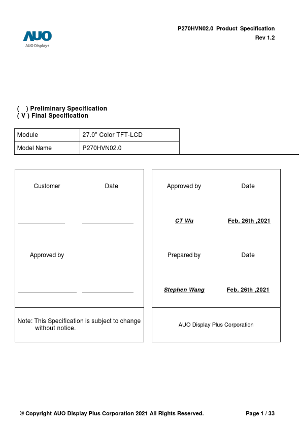 P270HVN02.0 Datasheet Preview