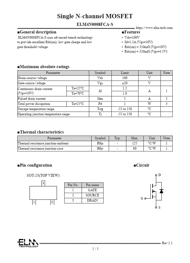 ELM4N0008FCA-S Single N-channel MOSFET by ELM - Datasheet Preview