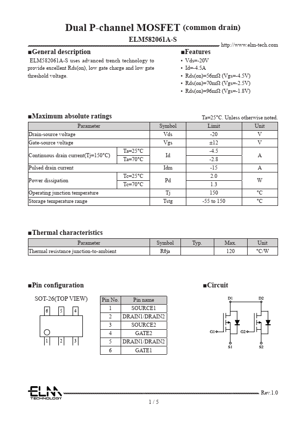 ELM582061A-S Dual P-channel MOSFET by ELM - Datasheet Preview